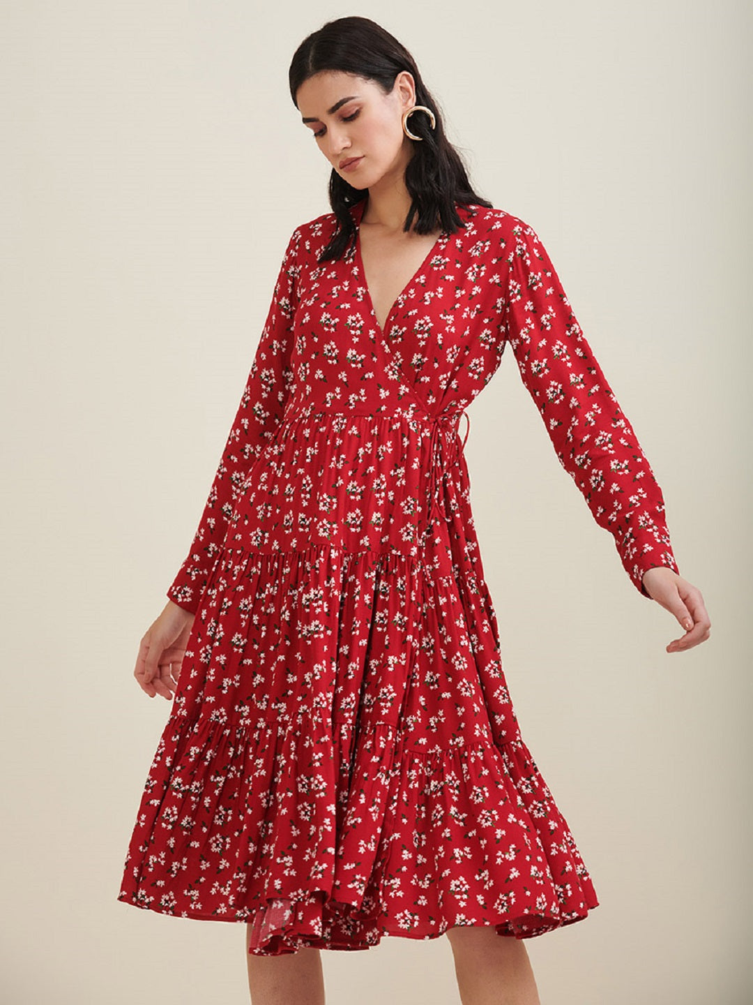 Red Floral Midi Wrap Dress | Femella